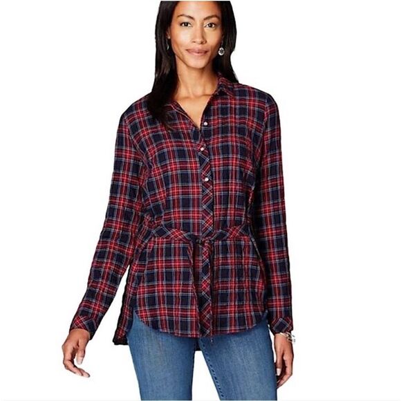 J.Jill cotton plaid tunic shirt button up tie waist black red - Picture 1 of 12